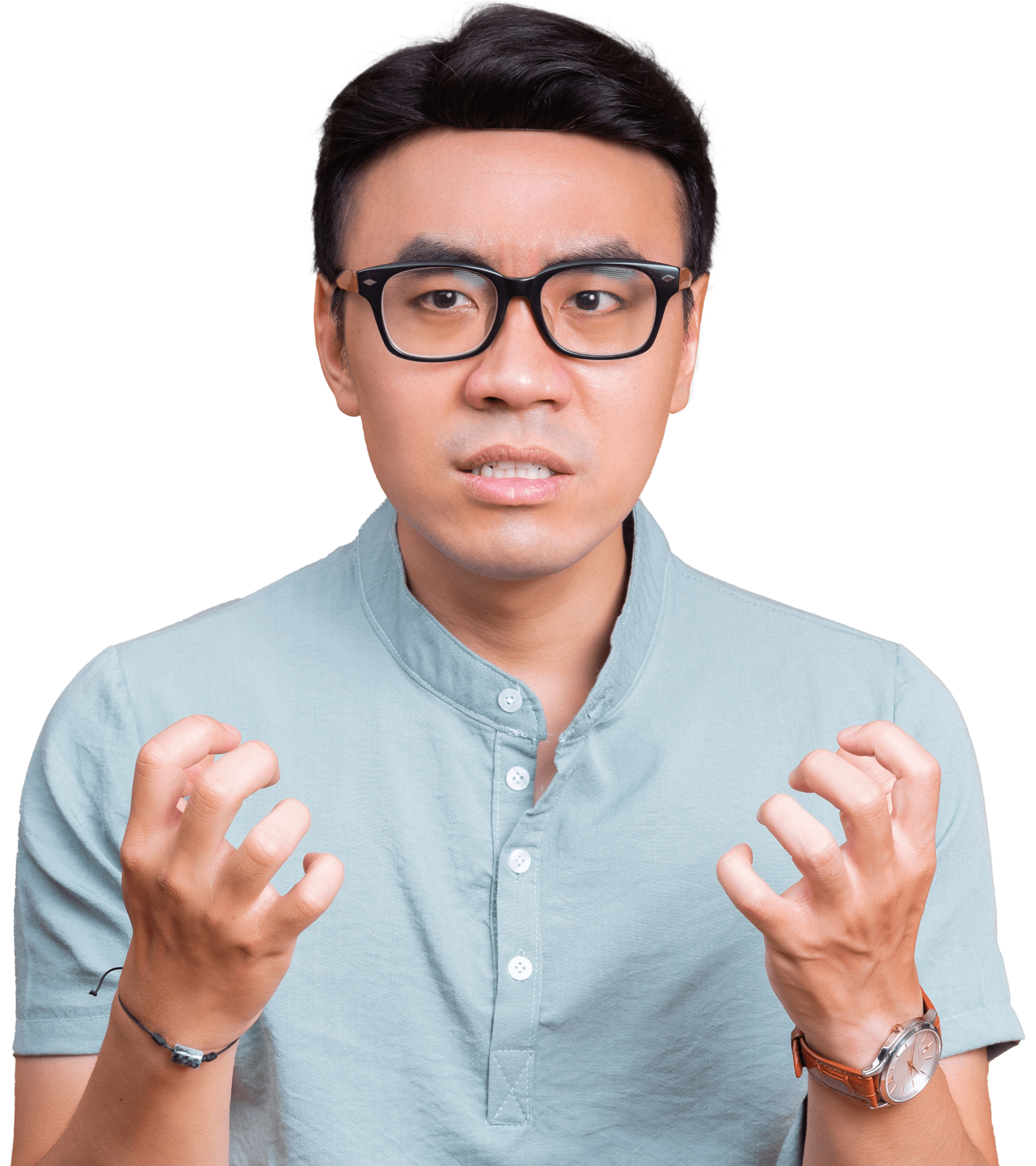 Man with glasses, shirt, looks angry