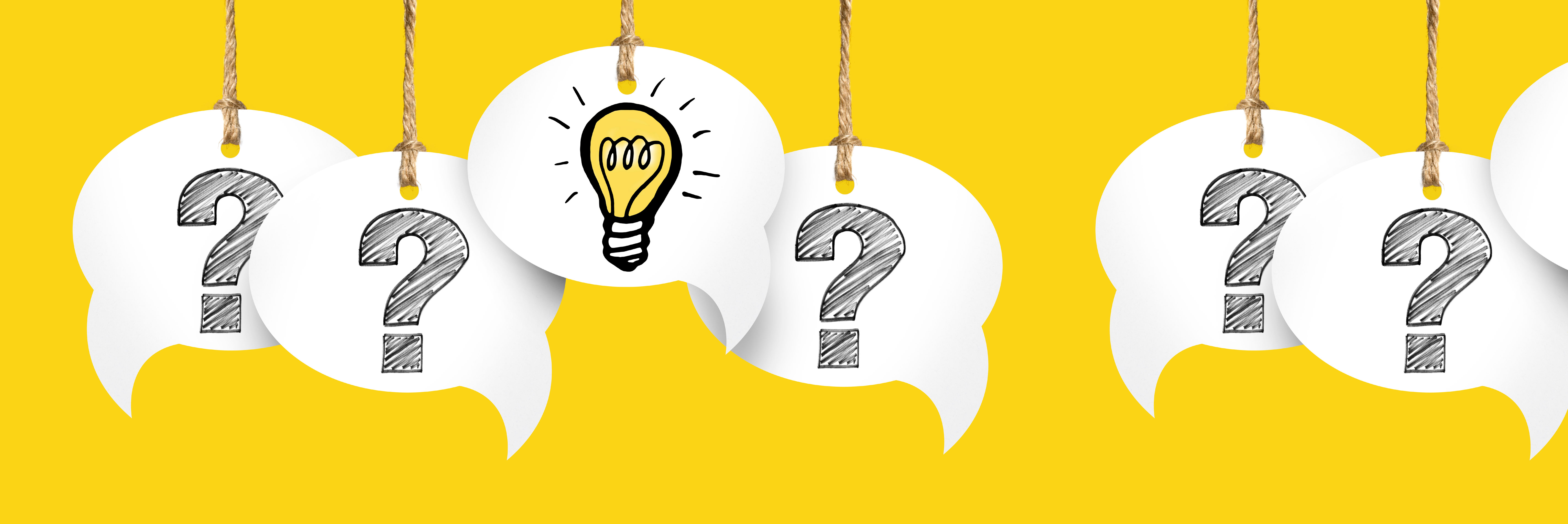 background: question mark in speech bubble against yellow background